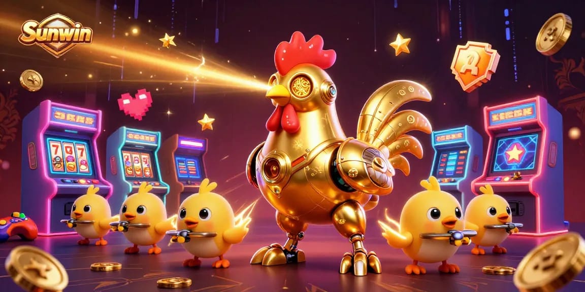 Experience thrills with Sunwin's vibrant 3D casino gaming scene featuring unique futuristic characters.