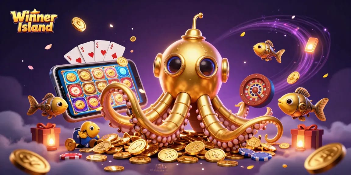 Experience the excitement at Winner Island casino with vibrant slot games and a golden kraken submarine.
