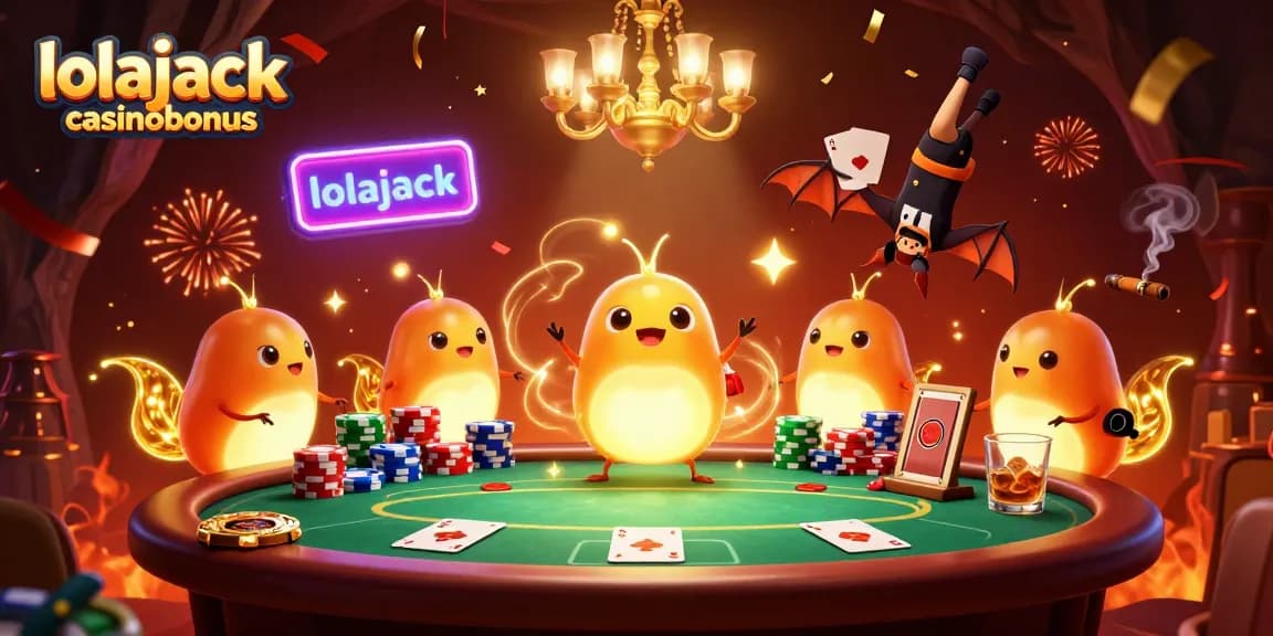 Experience the thrilling lolajack casinobonus in a vibrant casino scene with glowworms and poker elements.