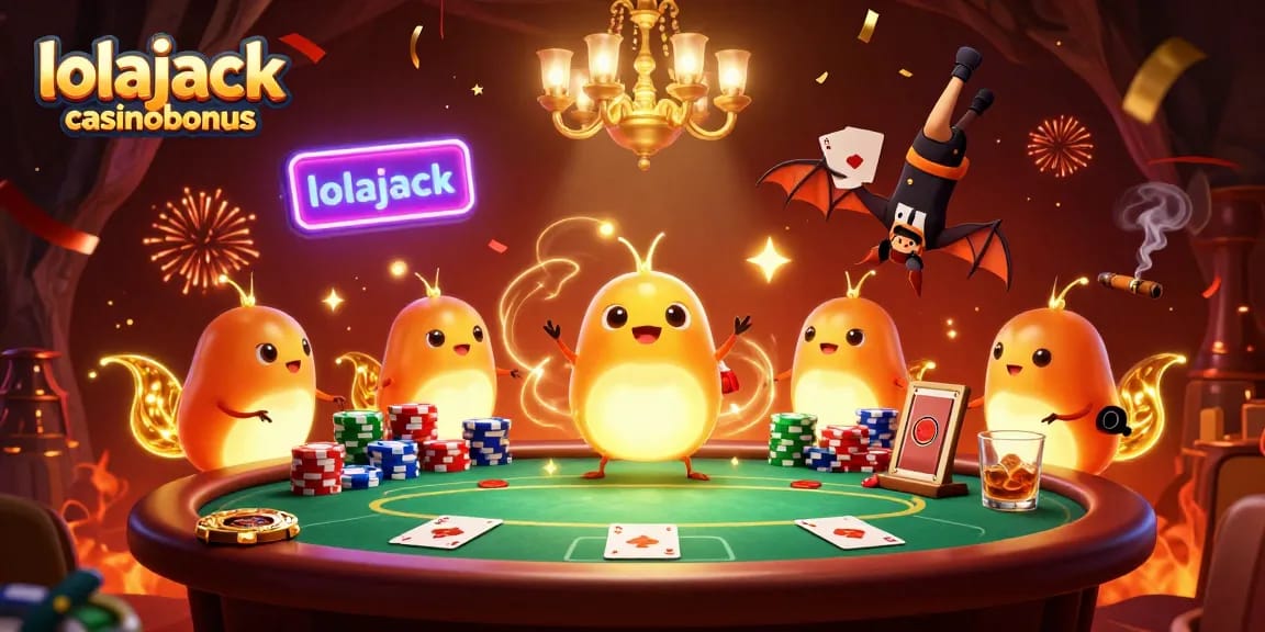Experience the thrilling lolajack casinobonus in a vibrant casino scene with glowworms and poker elements.