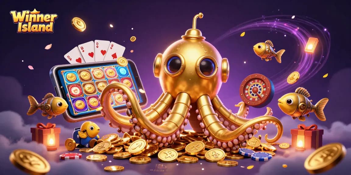 Experience the excitement at Winner Island casino with vibrant slot games and a golden kraken submarine.