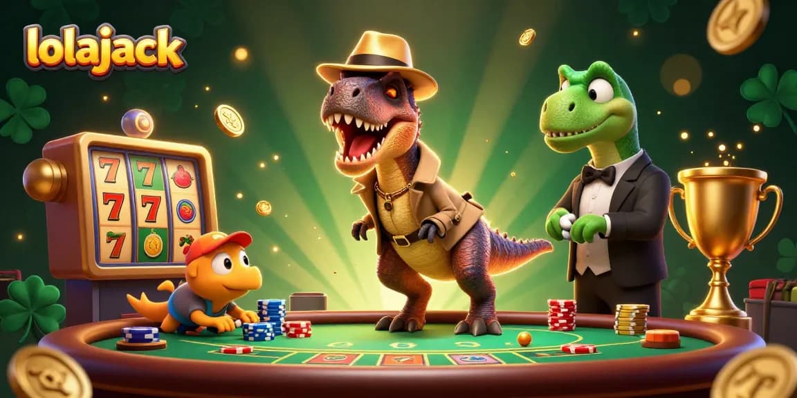Experience thrilling casino action with lolajack as a velociraptor card counter and friends at a blackjack table.