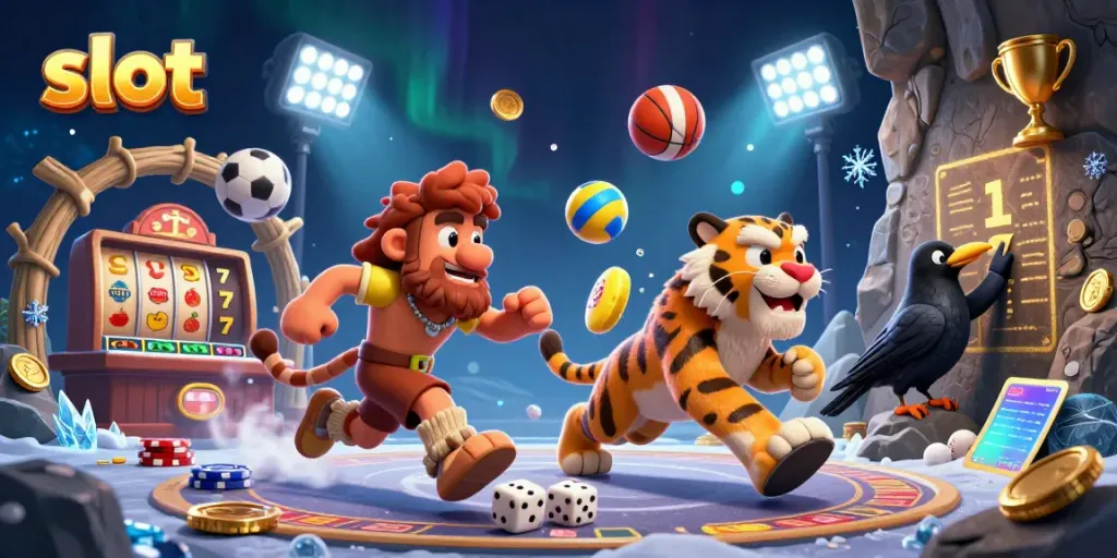 Spin the slot reels at a prehistoric casino with cavemen, a saber-tooth tiger, and a clever crow.