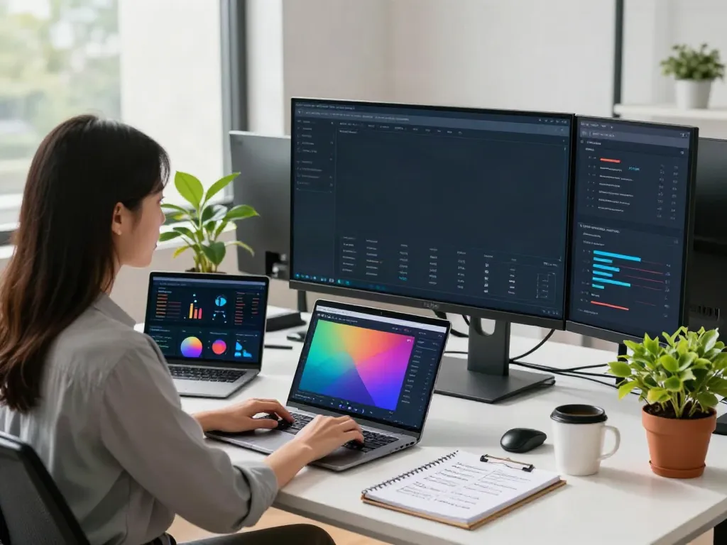 Analyzing data with a free AI visibility checker in a modern office setting