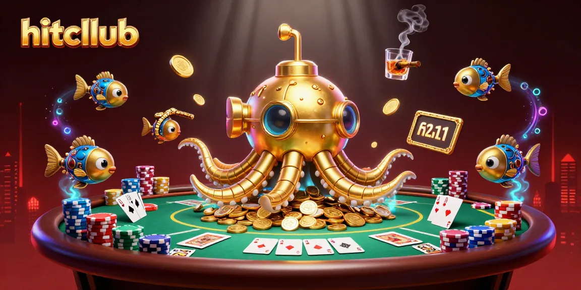 Engage with hitcllub's thrilling poker scene featuring a golden submarine amidst golden coins and colorful chips.