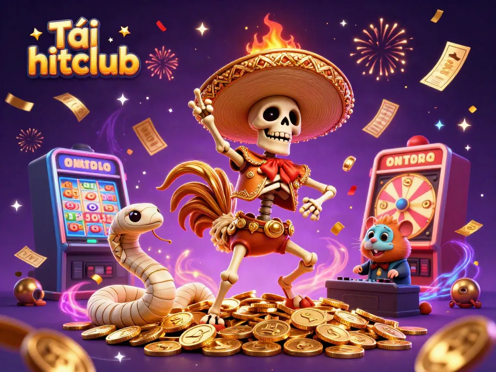 Join the celebration with Tải hitclub, featuring a mariachi rooster, mummy snake, and DJ hamster surrounded by casino elements.