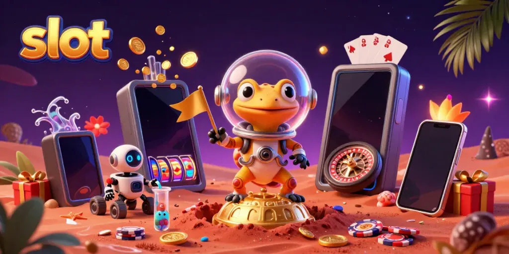 Experience thrilling slot gameplay in a vibrant scene of a Martian gecko discovering a hidden casino.