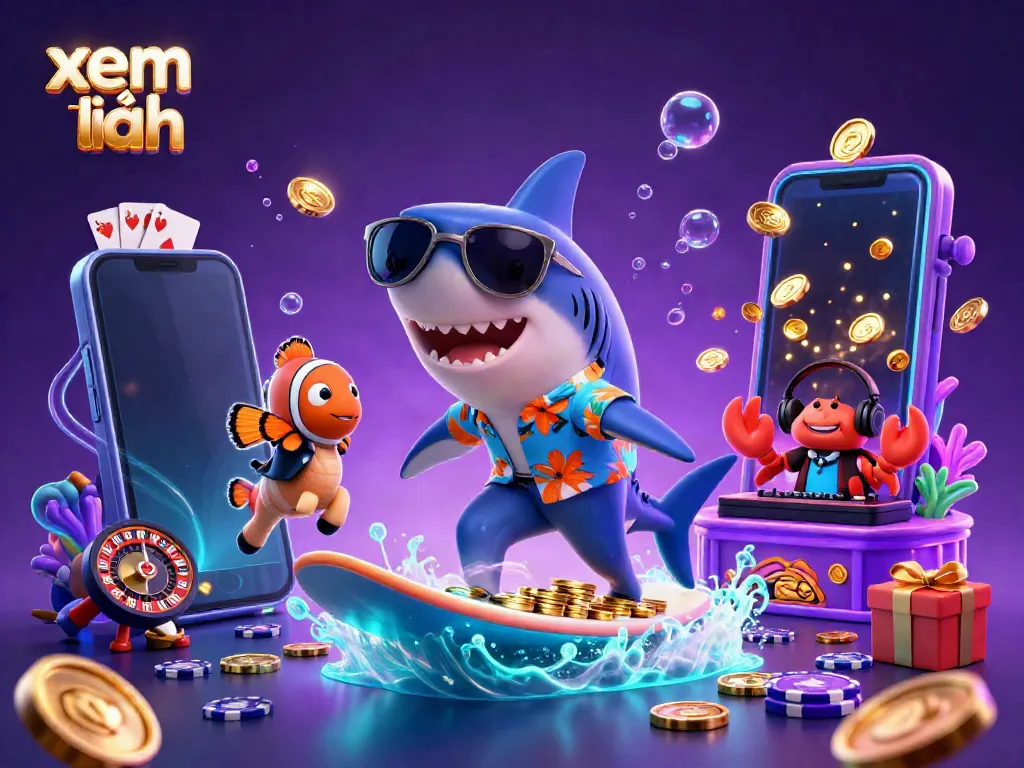Catch the excitement with "xem thêm" as the hammer-head shark surfs gold coins amidst dynamic gaming elements.