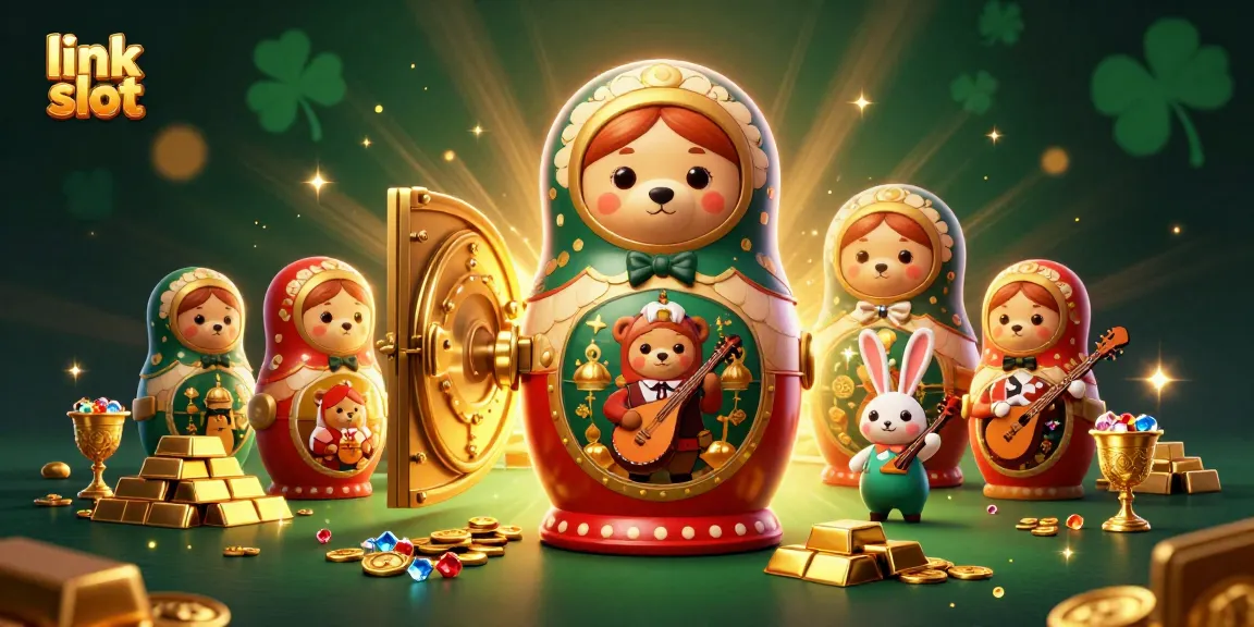Experience excitement with link slot in this vibrant illustration featuring casino characters and treasures.