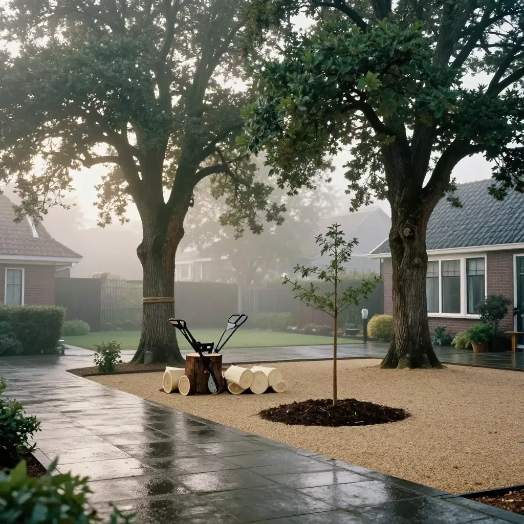Licht gesnoeide eiken, hakselaar, takkenbundels en jonge boom in een natte voortuin bij zonsopkomst