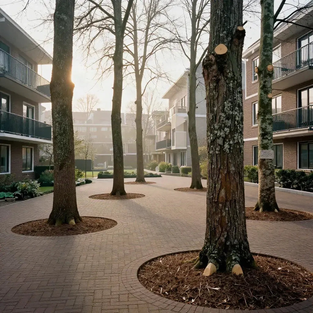 VvE-binnenhof met acht geïnspecteerde boomstammen, nette mulchkransen en rustige groene beplanting