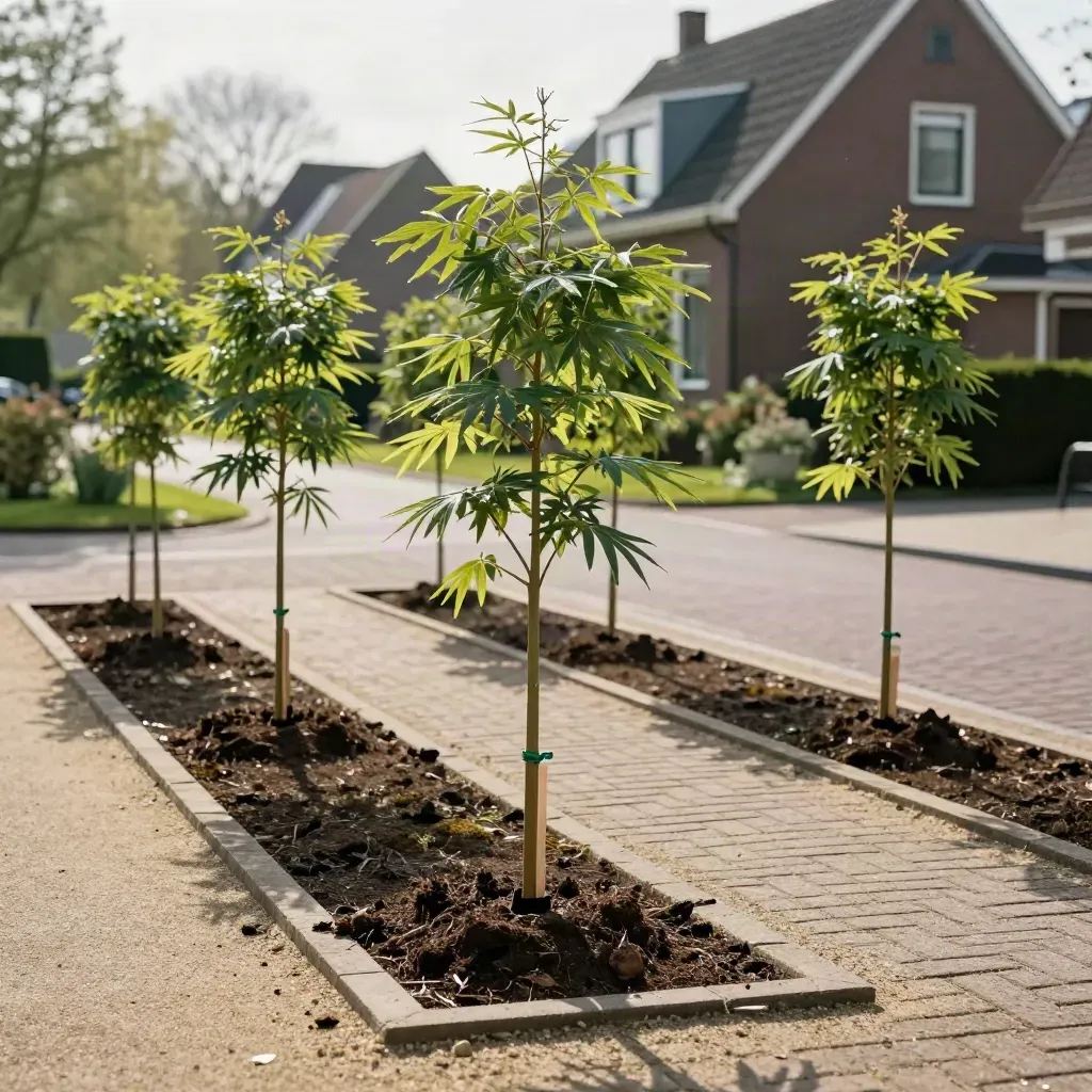 Zes jonge bomen langs een Haarlemse oprit met verse mulch en stokken in zacht namiddaglicht.