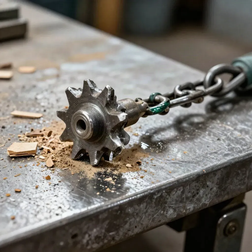 Stumpgrinder tandwiel, ketting en houtschilfers op een stalen werkbank in macro