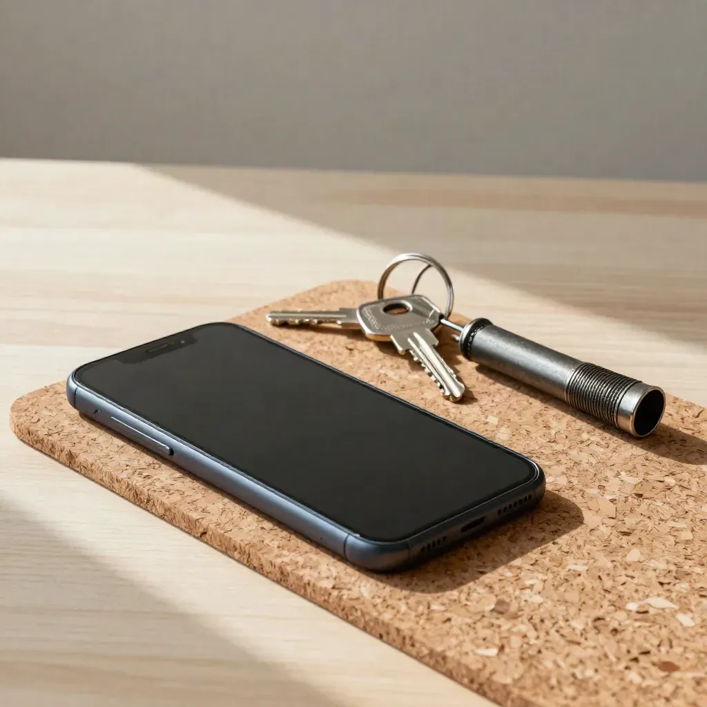 Smartphone, sleutels en zaklamp op een kurkmat in rustige, lichte productstijl.