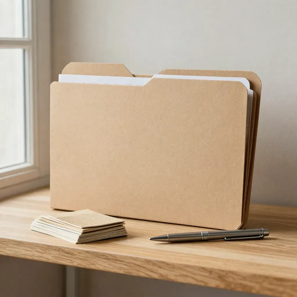 Gesloten offertefolder met stalen chips en stalen pen op een eiken plank in zacht daglicht.