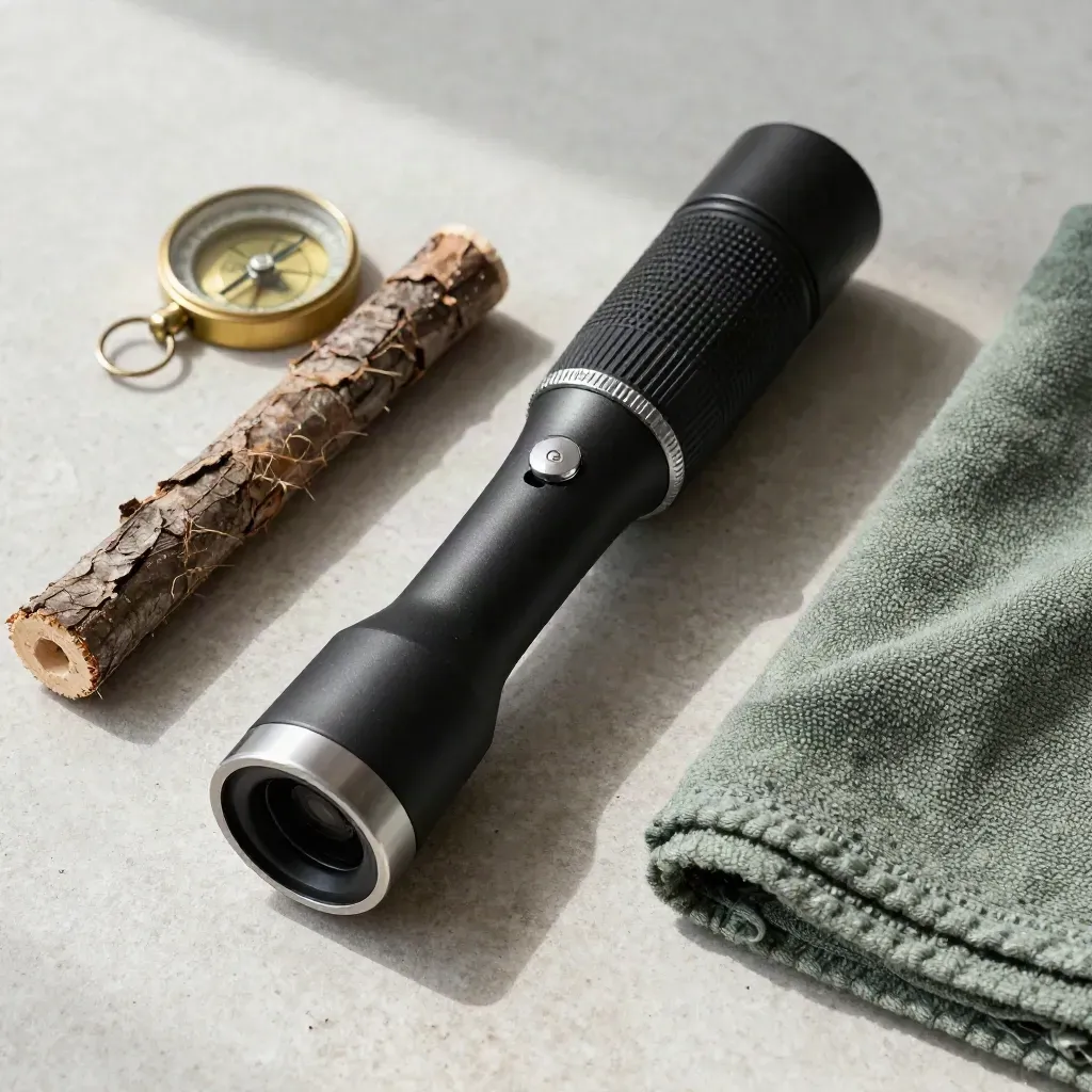 Bovenaanzicht van inspectietorch, barkbuis en kompas op lichte steen.