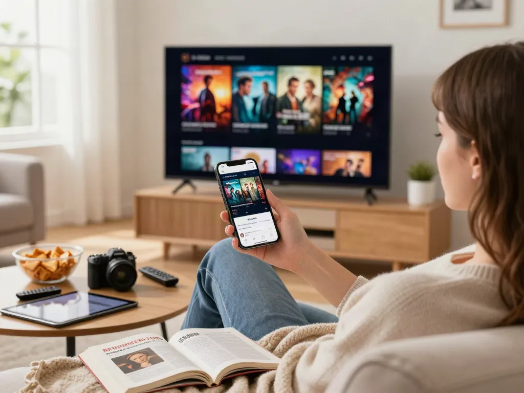 Enjoying Pikashow for iOS streaming movies in a cozy living room