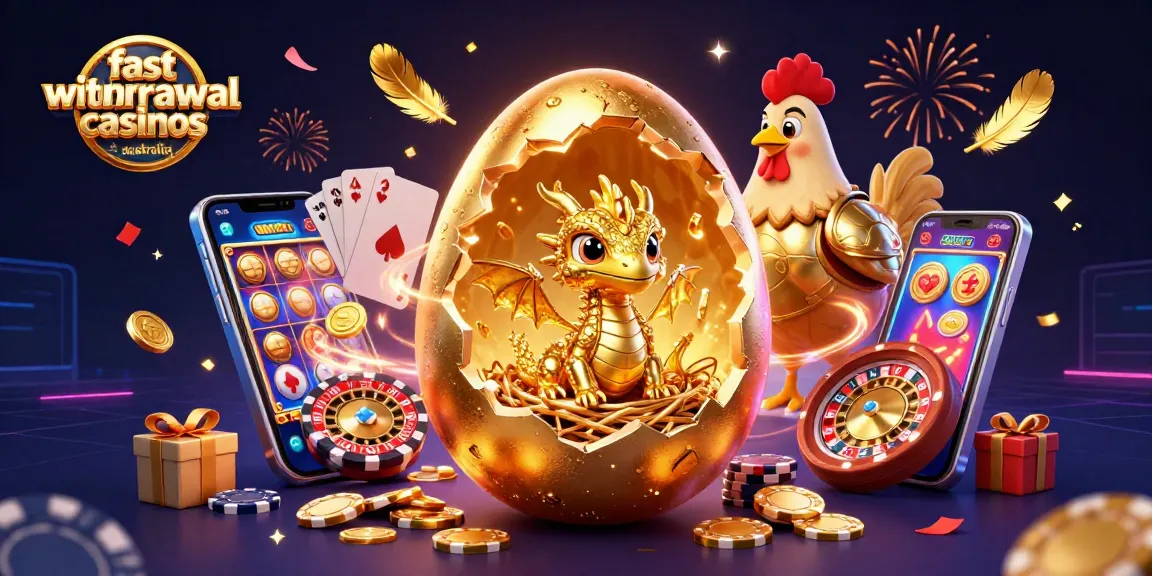 Experience fast withdrawal casinos Australia with gold dragon, poker chips, and festive gaming elements.