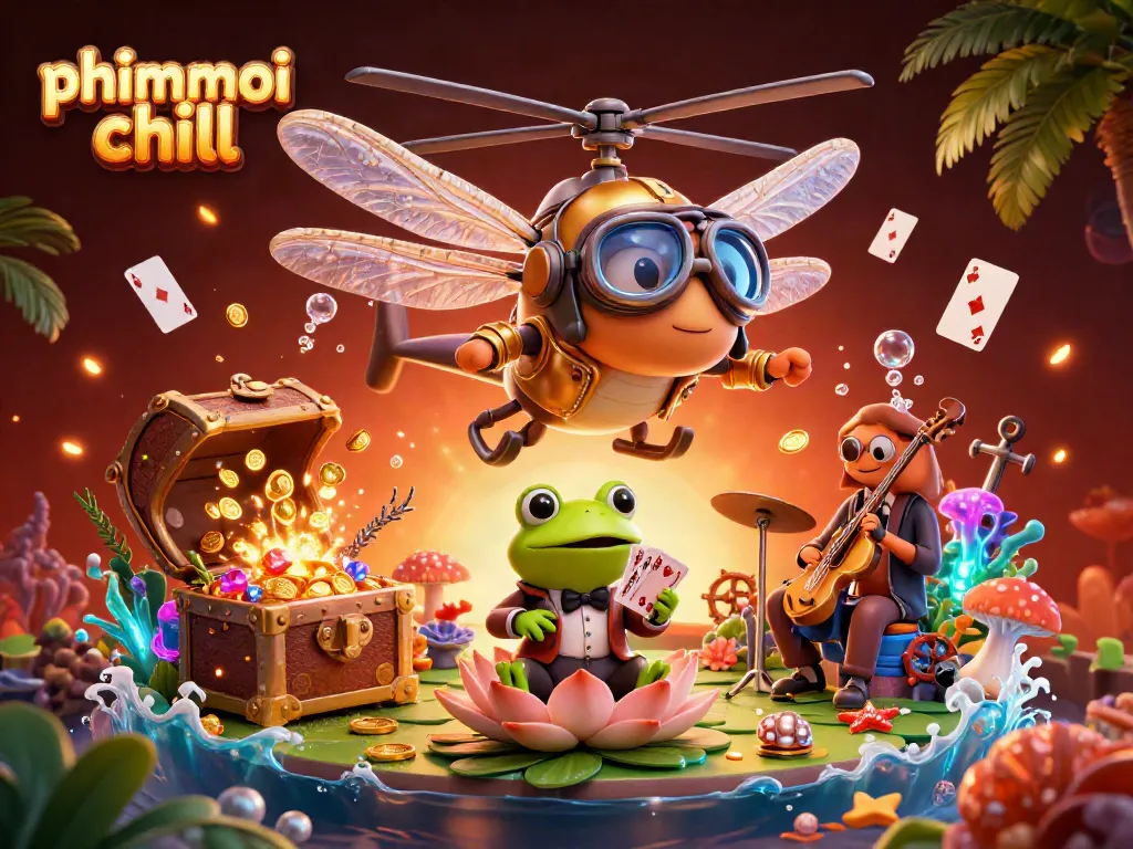 Experience the excitement of phimmoi chill in this vibrant casino-themed illustration featuring a dragonfly pilot and a frog croupier.