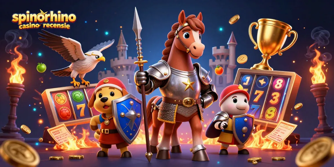 Analyseer de spinorhino casino recensie met gedetailleerde cartoonillustratie uit de casinowereld.