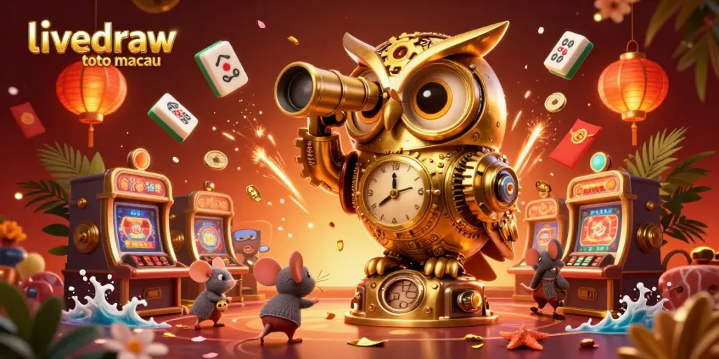 Menampilkan livedraw toto macau, dengan karakter burung hantu emas dan elemen kasino yang berwarna-warni.