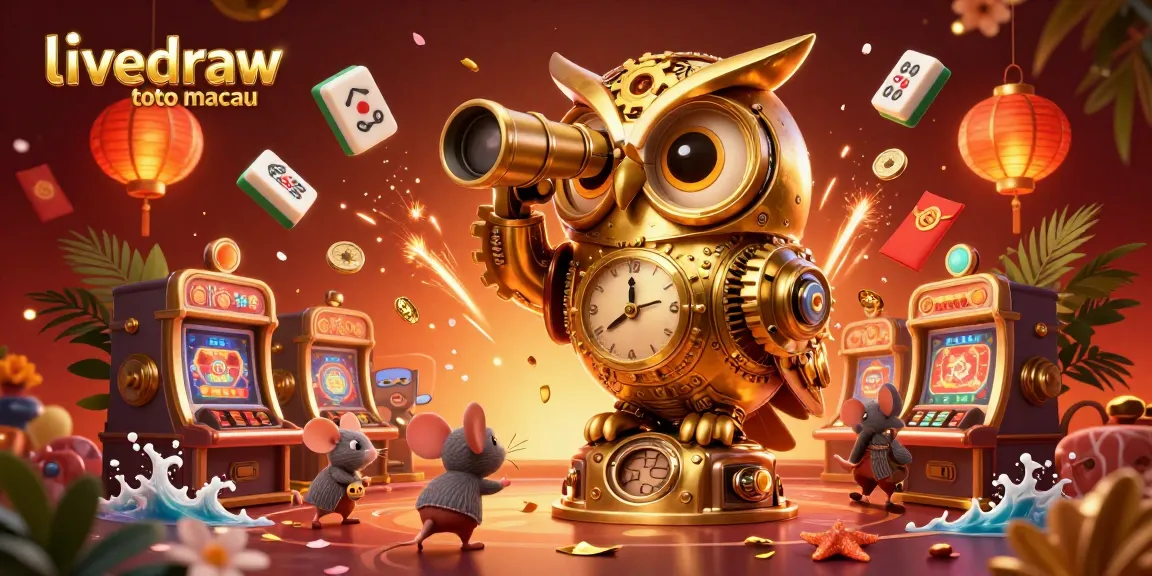 Menampilkan livedraw toto macau, dengan karakter burung hantu emas dan elemen kasino yang berwarna-warni.