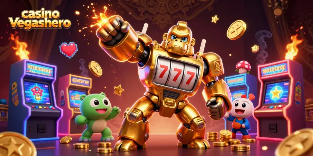 Experience the excitement of casino vegashero with a golden gorilla mech and dynamic gaming elements.