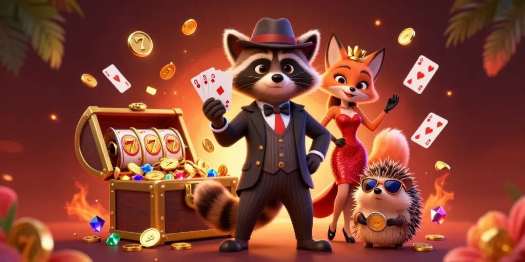 Spel het draagmuur verwijderen met een wasbeer, een vos en een egeltje in een casinothema.