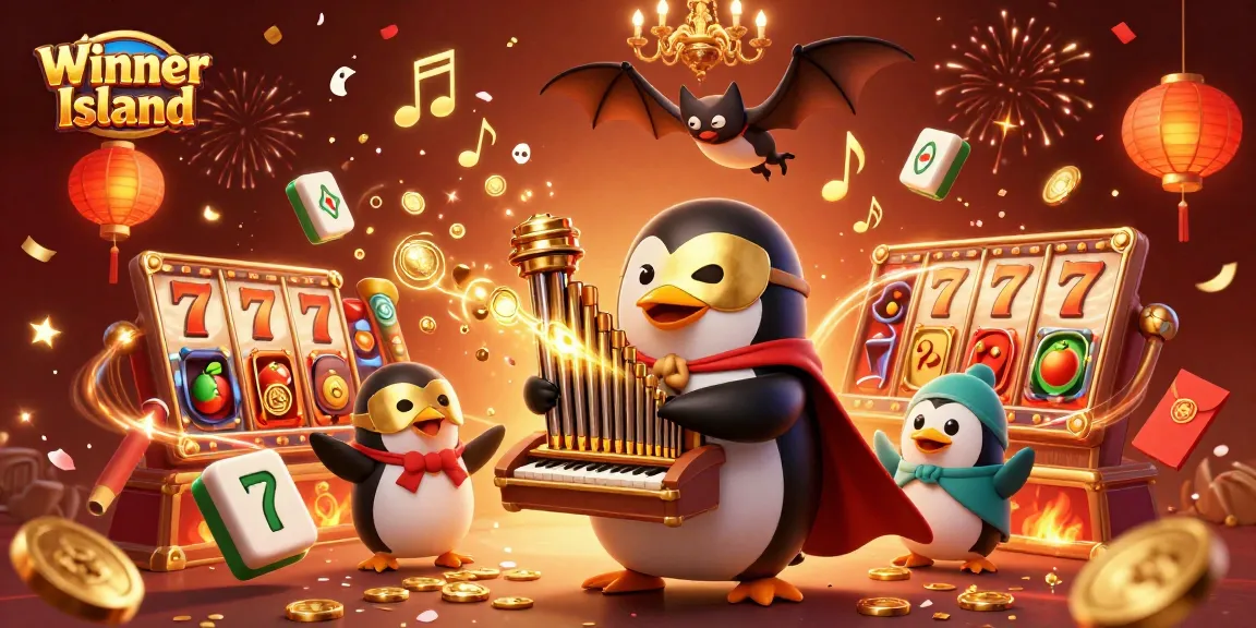 Engaging scene of a phantom opera penguin at Winner Island casino, featuring casino elements and colorful themes.